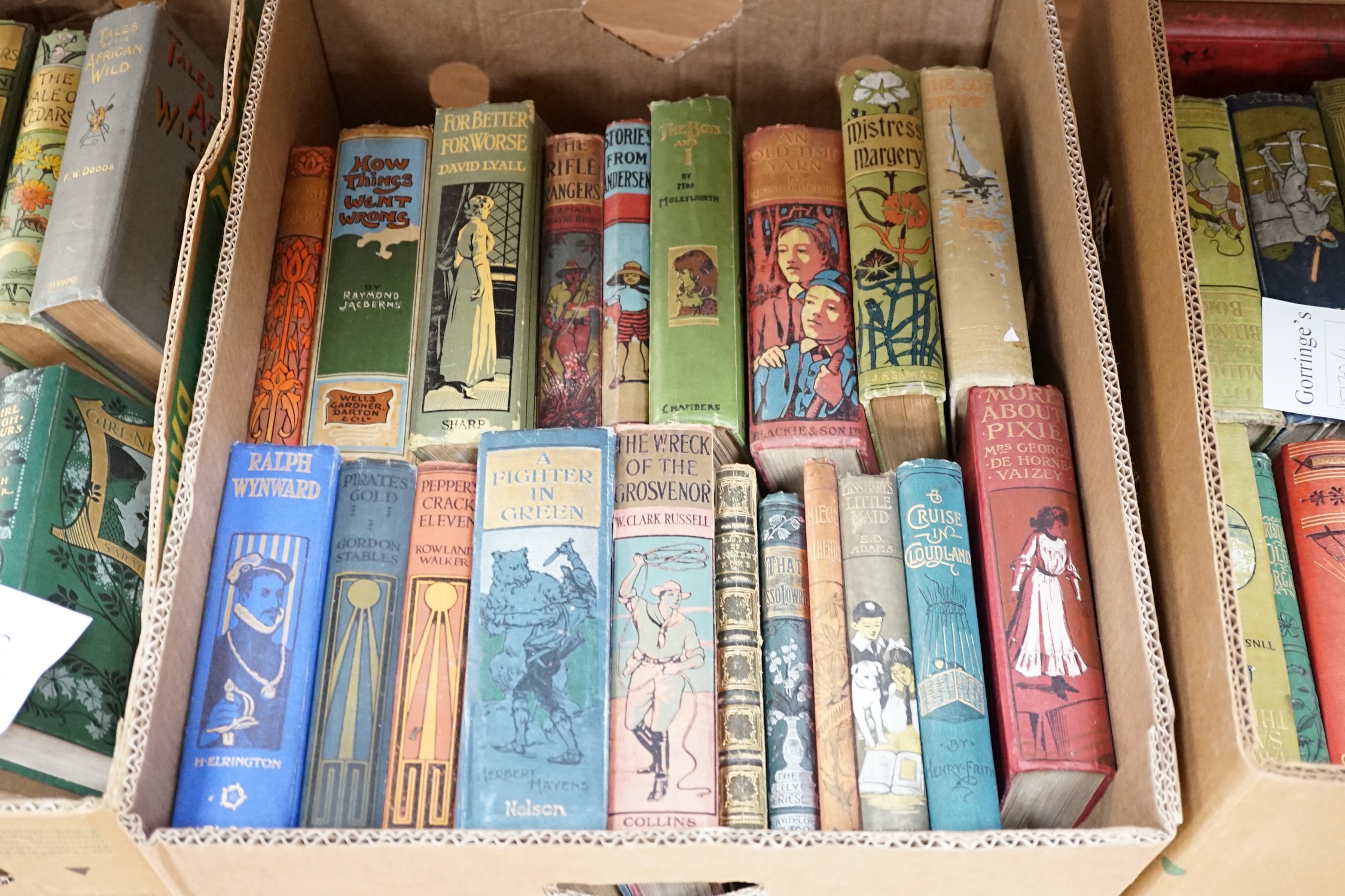 Old Children's books - mostly late 19th century and early 20th century; most with illus. and coloured pictorial cloth bindings; include F.W. Dodds - Tales of the African Wild (1914); Thos. Cobb - The Boy Tramp (1906); He